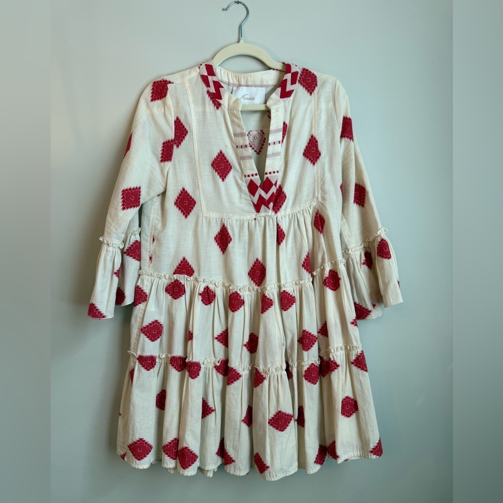 White and Cream Mini Dress with Bell Sleeves and Plunge Neckline